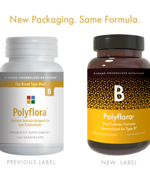 Polyflora - Pre-Probiotic (Blood Type B) - personalized probiotic with flora specifically beneficial for Blood Type B. Also includes prebiotic synergists to strengthen digestive health.