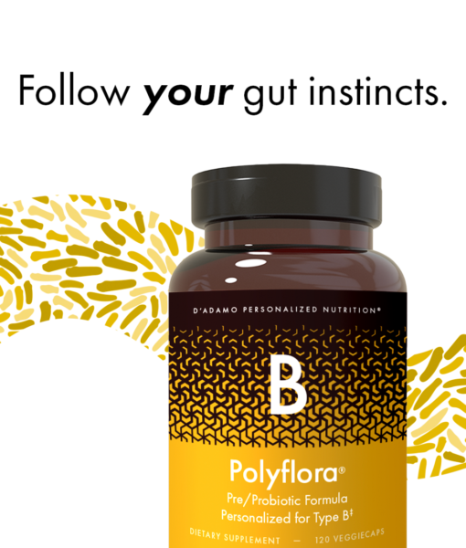 Polyflora - Pre-Probiotic (Blood Type B) - personalized probiotic with flora specifically beneficial for Blood Type B. Also includes prebiotic synergists to strengthen digestive health.