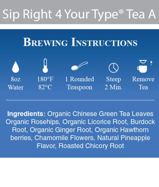 Sip Right 4 Your Type Tea (Blood Type A) - premium loose tea crafted to harmonize with the biological needs of Blood Type As. Synergistically combines the health benefits of green tea with those of licorice and chamomile.