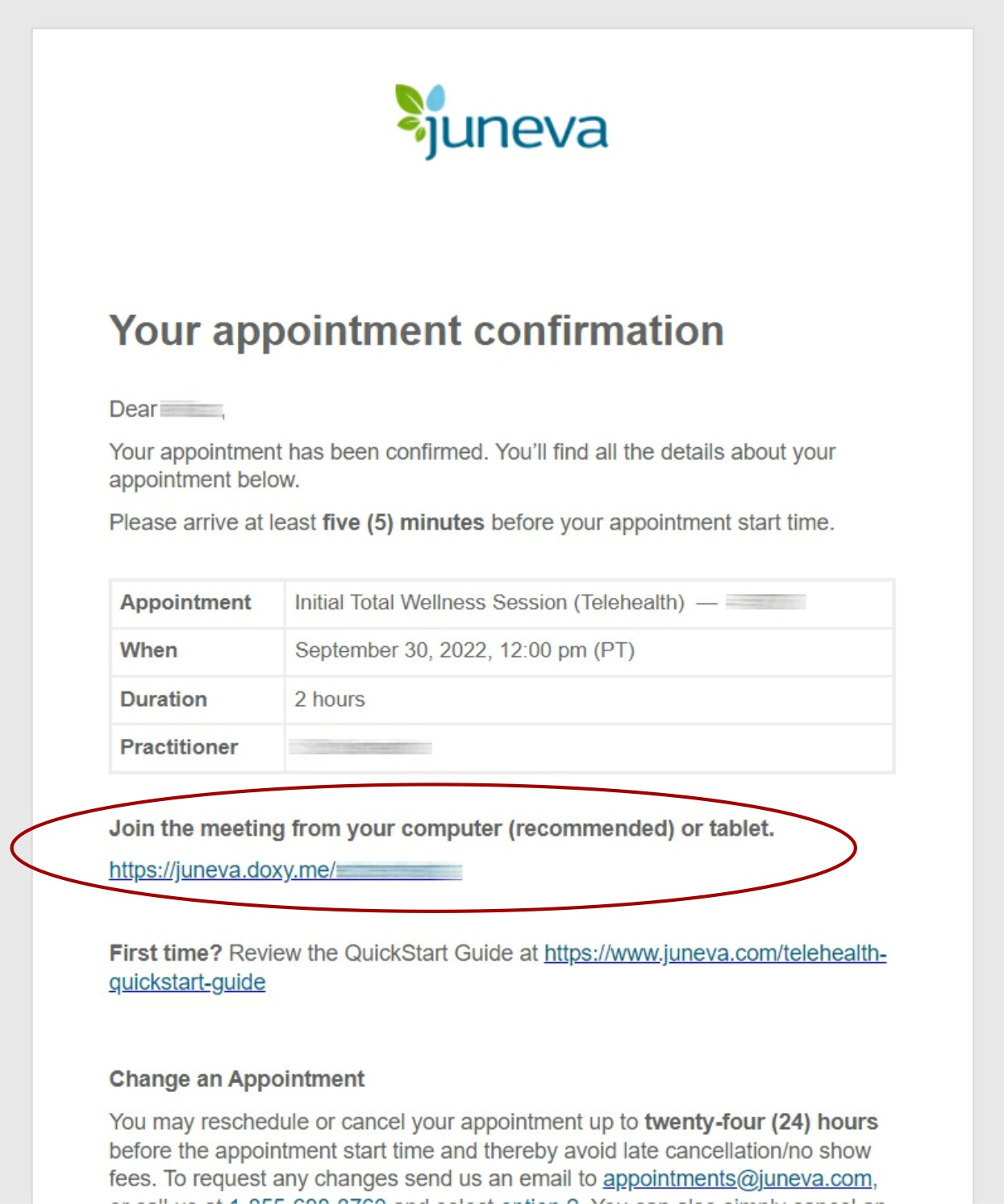 Juneva Health telehealth appointment confirmation email example.