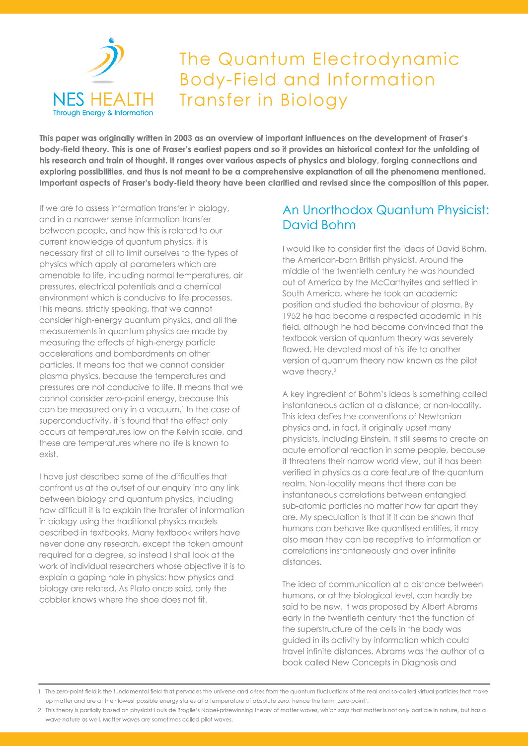 NES Health the quantum electrodynamic body field and information transfer in biology.