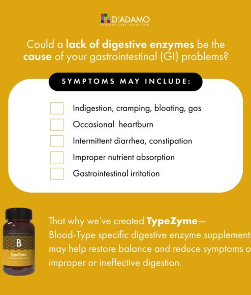 TypeZyme - Digestive Enzyme (Blood Type B) - digestive enzymes made for your blood type. Specifically formulated to improve nutrient breakdown and absorption for Blood Type Bs.