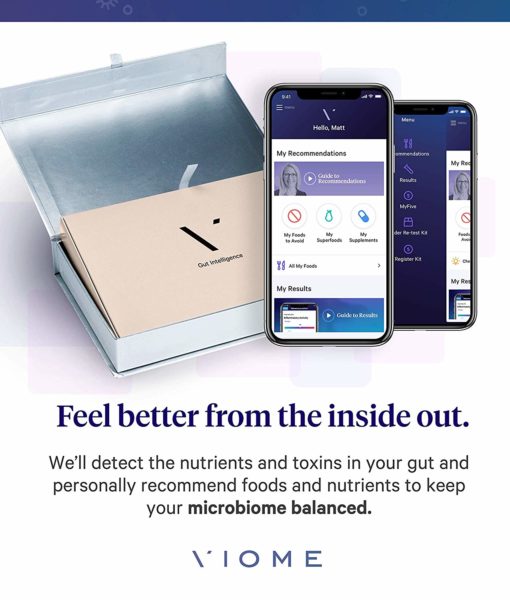 Viome Gut Intelligence Test Kit package and mobile application. The most advanced, cutting-edge technology gut health (microbiome) analysis test with personalized recommendations for food or supplements to restore a healthy gut flora.